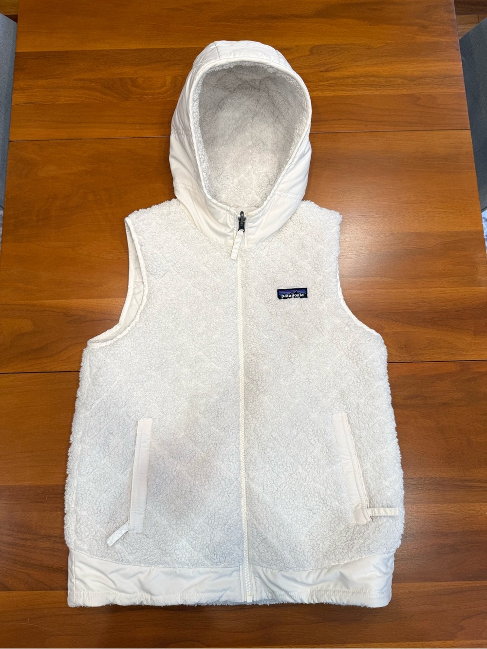 Patagonia Reversible White Hooded Sherpa Fleece Vest